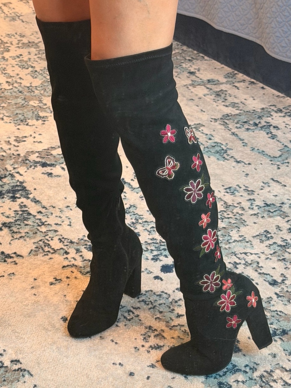 Women's Black Over-the-Knee Suede Boots with Pink Floral Embroidery